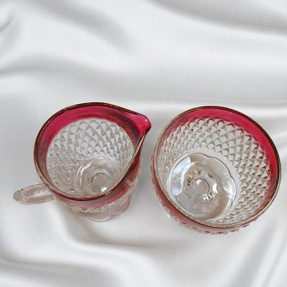 Vintage Indiana Glass Ruby Diamond Point Creamer & Sugar Set – Mid Century - Picture 3 of 11
